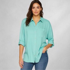 Chico’s Modern Utility Woman’s Blouse XL Aqua Button Front Roll Tab Sleeve